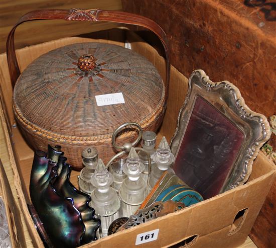A pair of Carnival glass dishes, a Chinese wicker basket and sundries